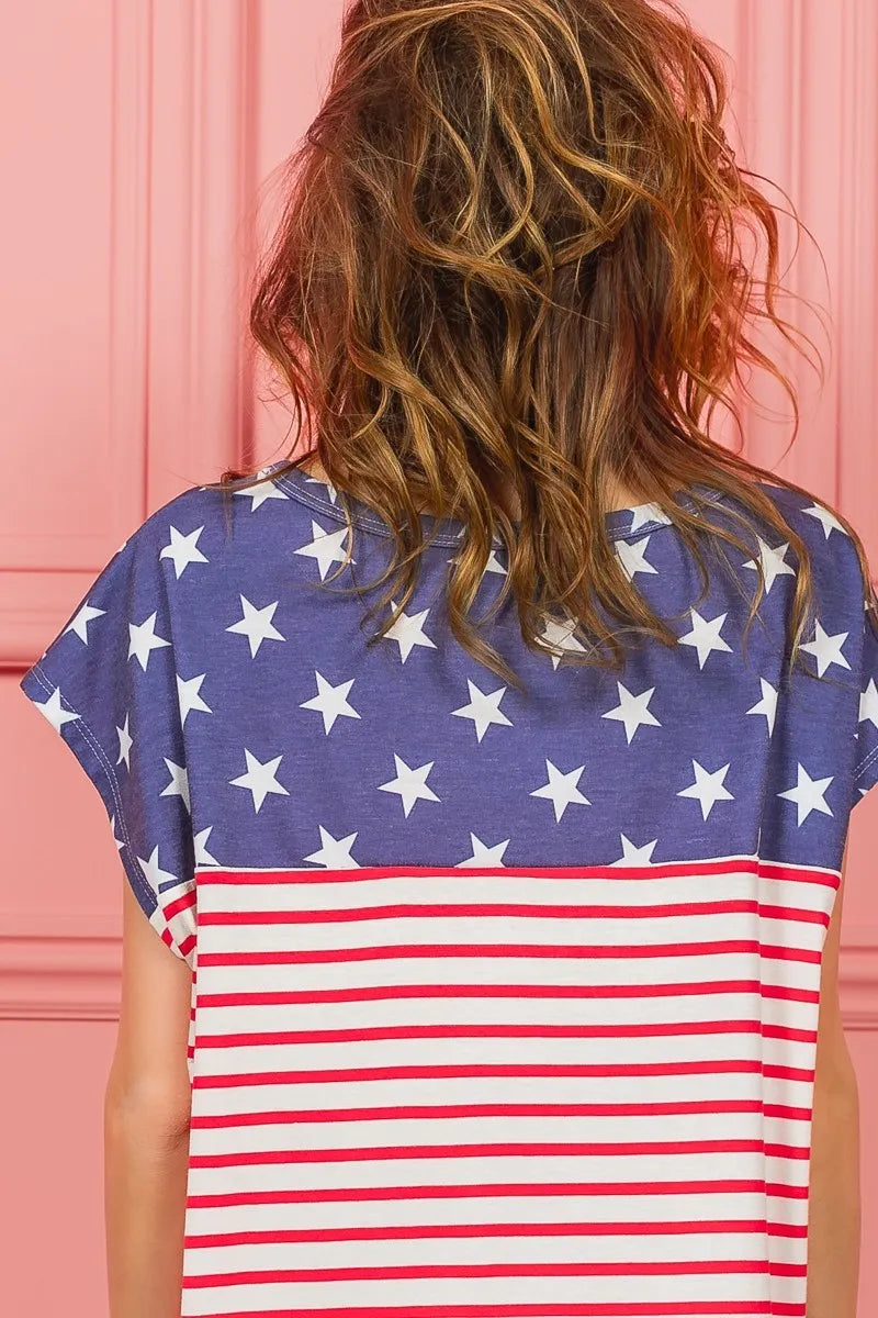 Navy blue BiBi Star printed top with red and white striped accents, featuring a comfortable fit and stylish star pattern.