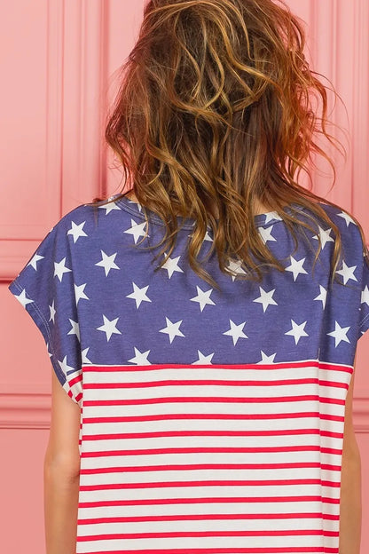 Navy blue BiBi Star printed top with red and white striped accents, featuring a comfortable fit and stylish star pattern.