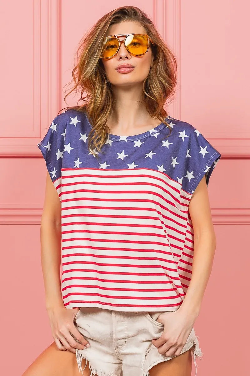 Navy star printed BiBi top with red stripe combo, casual style, from Trendsi, featuring a soft fabric and stylish design.