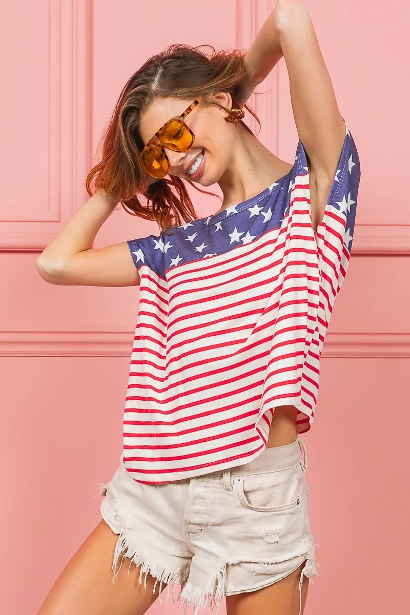 Navy BiBi Star printed top with red stripe combo, featuring a star design, by Trendsi.
