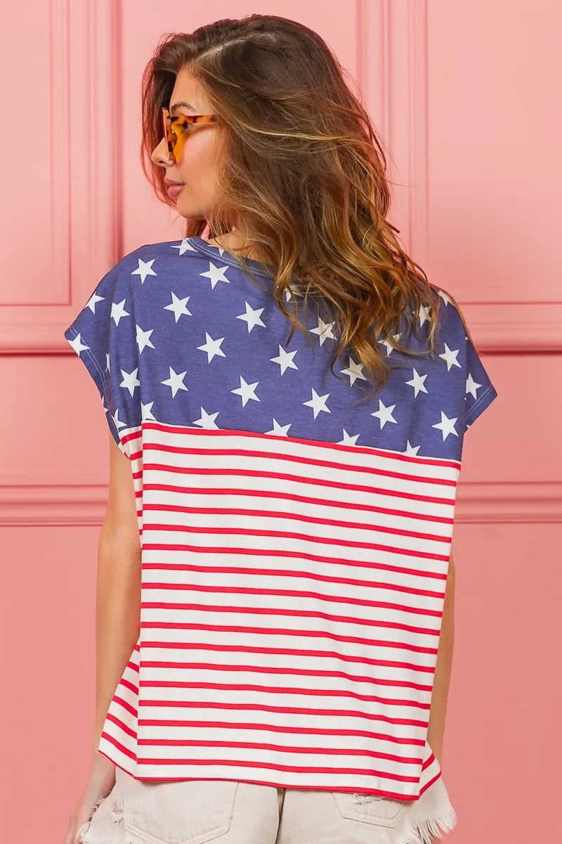 Navy star printed top with red stripe accents from Trendsi, featuring a stylish, casual design and comfortable fit.