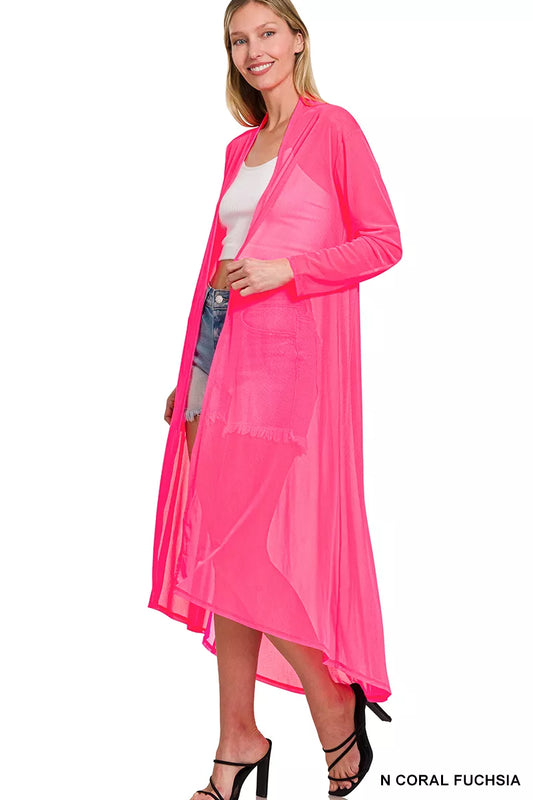 Coral fuchsia Zenana mesh open front cardigan with long sleeves and lightweight, breathable fabric, styled on a mannequin.