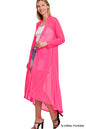 Coral fuchsia Zenana mesh open front cardigan with long sleeves and lightweight, breathable fabric, styled on a mannequin.