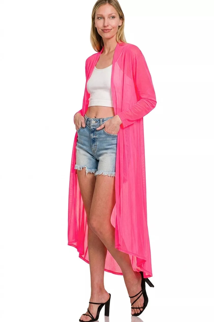 Pink Zenana Mesh Open Front Cardigan with long sleeves and a lightweight, breathable design, perfect for layering.
