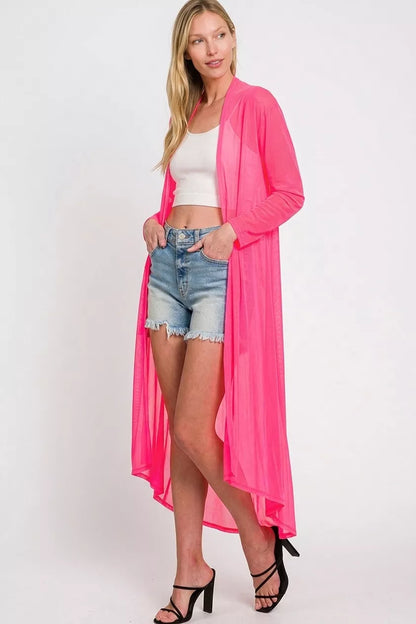 Coral fuchsia Zenana mesh open front cardigan with long sleeves and lightweight, breathable fabric, stylish and versatile for layered looks.