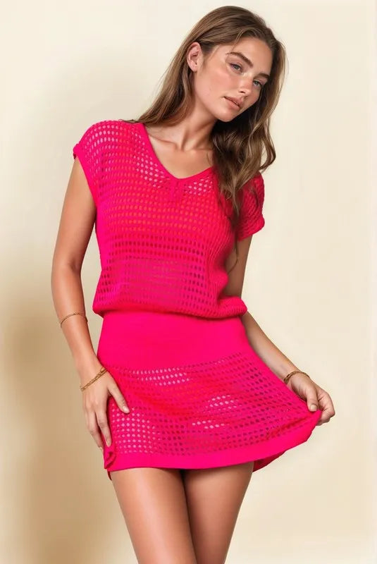 Neon fuchsia Davi & Dani sleeveless V-neck mesh knit cover-up dress, lightweight and stylish for beach or poolside wear.