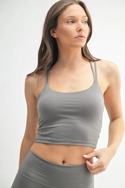 Trendsi MONO B Venice Cloud light crisscross sports bra in pewter, featuring a sleek design with crisscross back straps.