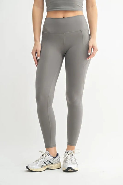 Trendsi Mono B Venice Cloud Light Sculpt high-waisted leggings in pewter, shown with a close-up of the fabric and fit.