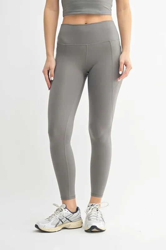 Trendsi Mono B Venice Cloud Light Sculpt high-waisted leggings in pewter, shown with a close-up of the fabric and fit.
