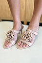 Nude Weeboo Flower PU leather stiletto heel sandals by Trendsi, featuring floral accents and elegant ankle straps.