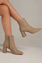 Beast Fashion PU leather block heel boots with side zippers, nude color, stylish women's footwear, trendy and comfortable design.