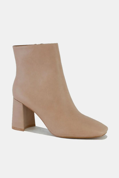 Beast Fashion PU leather block heel boots with side zippers, nude color, stylish ankle footwear from Trendsi.