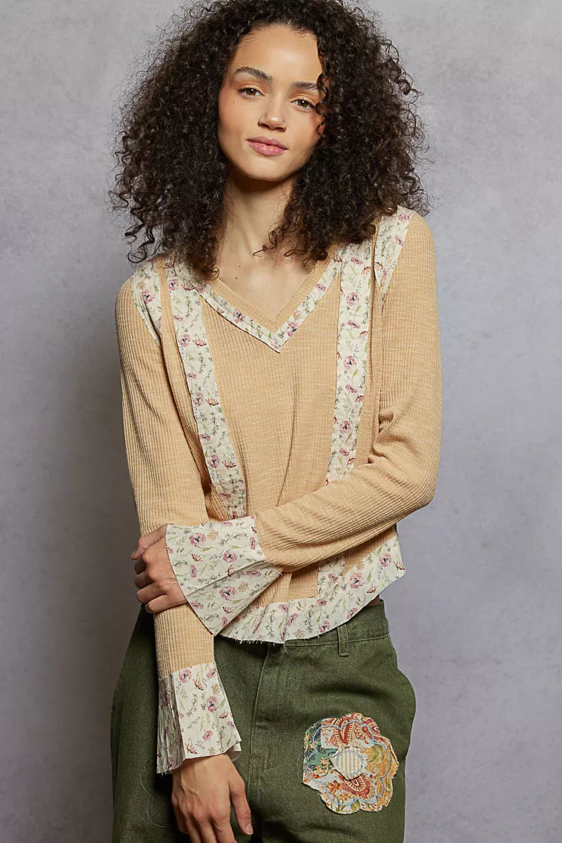 Nude beige Trendsi floral patch V-neck long sleeve ribbed top, showcasing soft fabric and detailed floral embroidery.