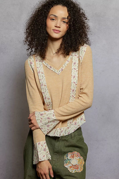 Nude beige Trendsi floral patch V-neck long sleeve ribbed top, showcasing soft fabric and detailed floral embroidery.