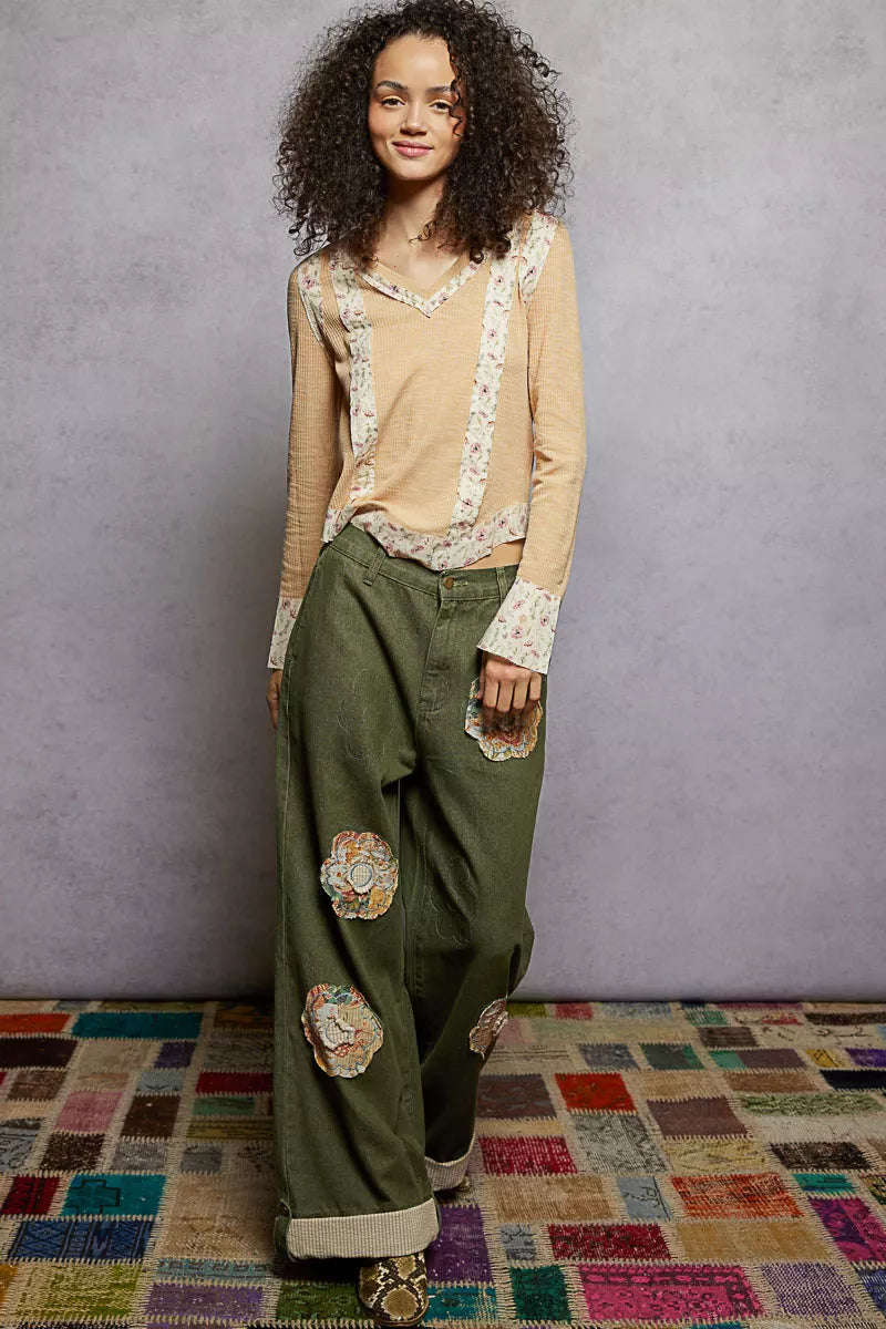 Nude beige Trendsi floral patch V-neck long sleeve ribbed top, stylish and fitted with floral details.