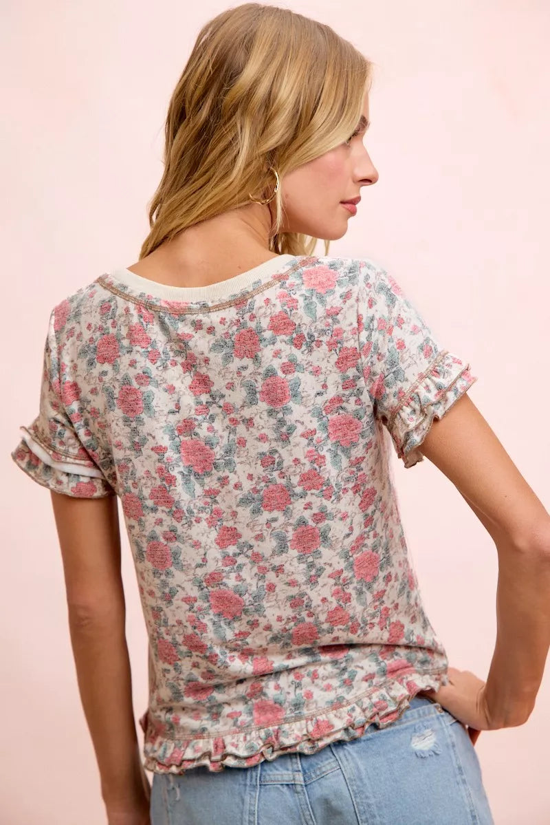 Oatmeal coral BiBi Rose printed slub knit top with ruffled sleeves, casual women's fashion by Trendsi