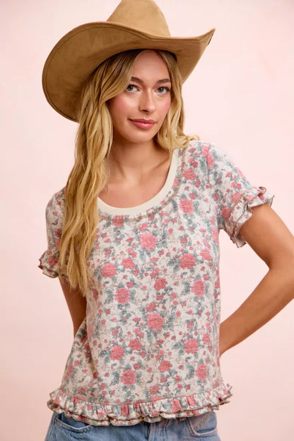 Oatmeal coral BiBi Rose printed slub knit top with ruffled sleeves, stylish and comfortable women's fashion from Trendsi.
