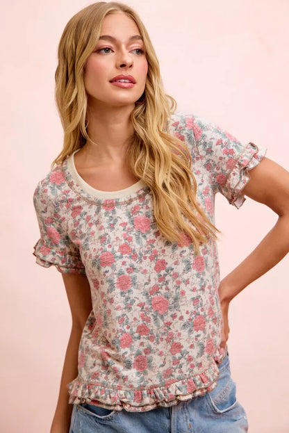 Oatmeal coral BiBi Rose printed slub knit top with ruffled sleeves, stylish and comfortable women's fashion from Trendsi.