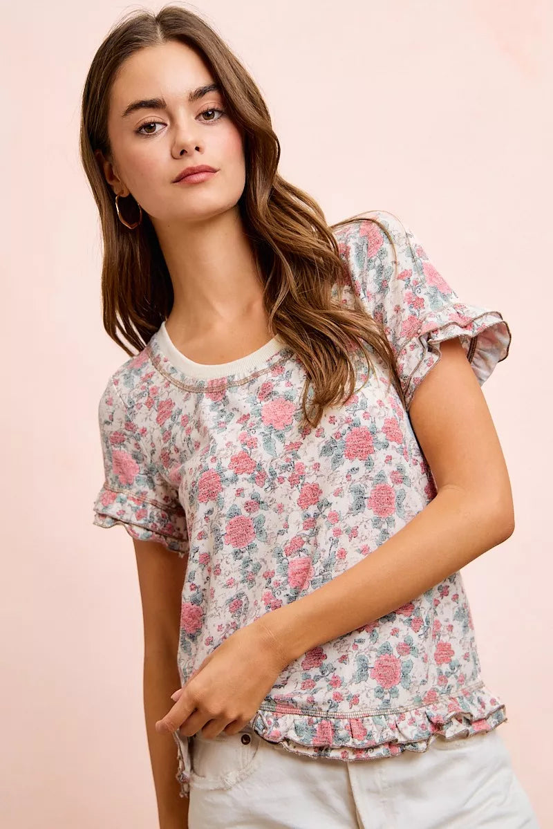 Oatmeal coral BiBi Rose printed slub knit top with ruffled sleeves, casual women's fashion by Trendsi.