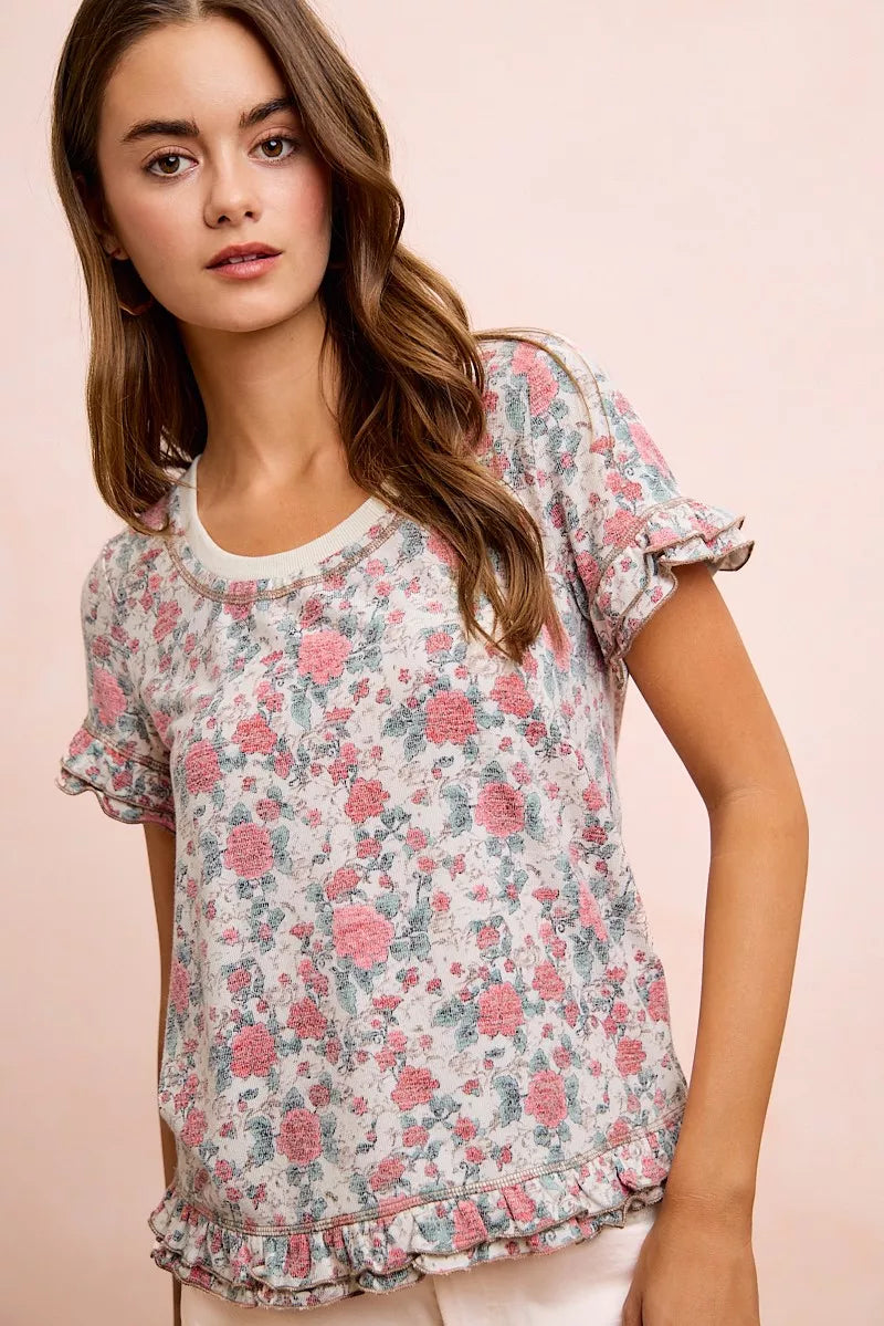 Oatmeal coral BiBi Rose printed slub knit top with ruffled sleeves, featuring a casual, feminine style from Trendsi.