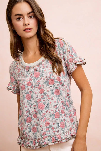 Oatmeal coral BiBi Rose printed slub knit top with ruffled sleeves, featuring a casual, feminine style from Trendsi.