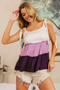 Oatmeal and lavender purple color block tied ribbon shoulder top by Trendsi, featuring a stylish design and shoulder ties.