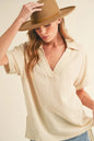 Oatmeal Aemi + Co cotton gauze blouse with side slit and Johnny collar, short sleeve, casual women's top by Trendsi