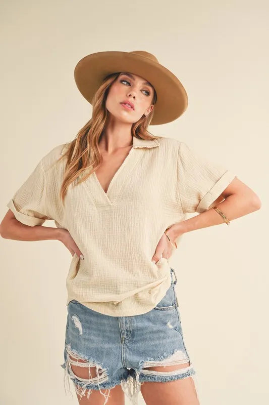 Oatmeal Aemi + Co cotton gauze blouse with side slit and Johnny collar, short sleeve, casual chic top by Trendsi