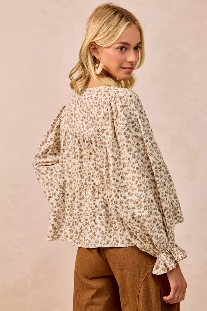 Oatmeal floral printed peplum blouse with shirring and tied details, trendy women's blouse by Trendsi.