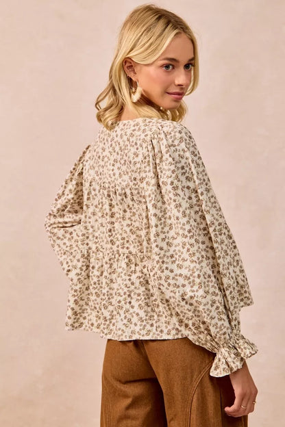 Oatmeal floral printed peplum blouse with shirring and tied details, trendy women's blouse by Trendsi.