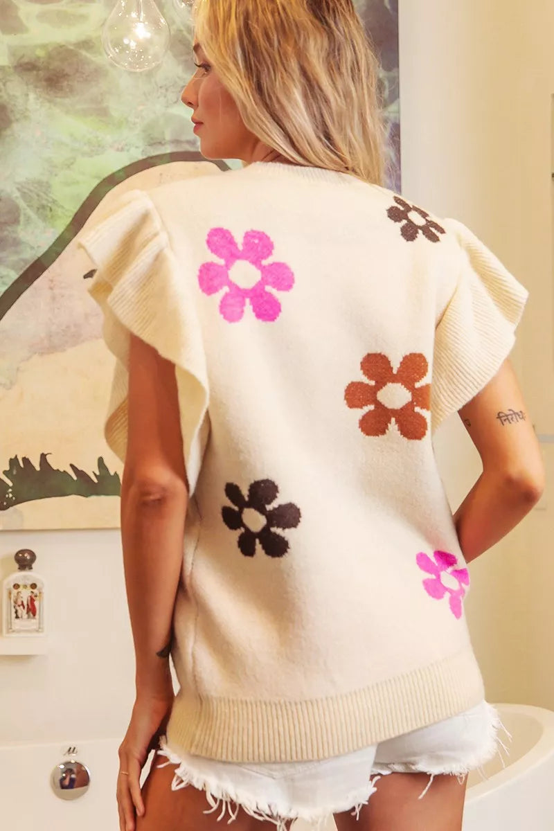 Oatmeal BiBi Flower Printed Ruffled Sleeves Top by Trendsi, close-up of floral print and ruffled sleeve details on lightweight fabric.