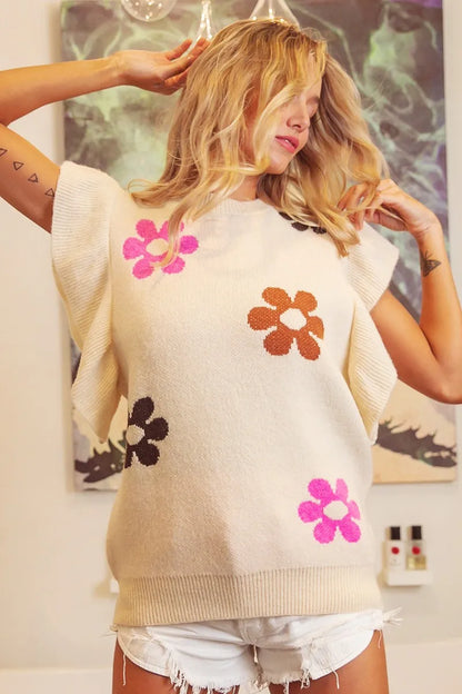 Oatmeal BiBi flower printed ruffled sleeves top by Trendsi, featuring a feminine design with floral print and ruffled sleeve details.