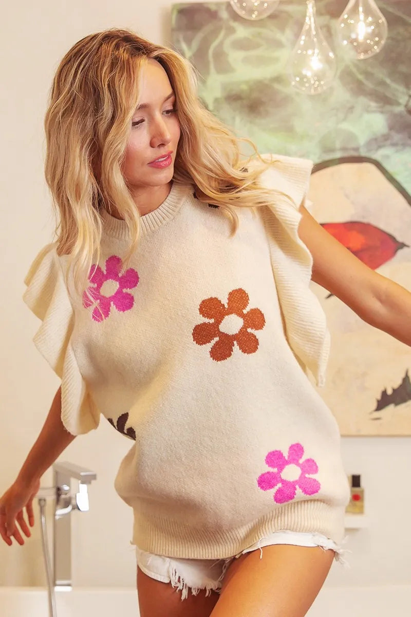 Oatmeal BiBi Flower Printed Ruffled Sleeves Top by Trendsi, featuring floral pattern and feminine ruffled sleeve design.