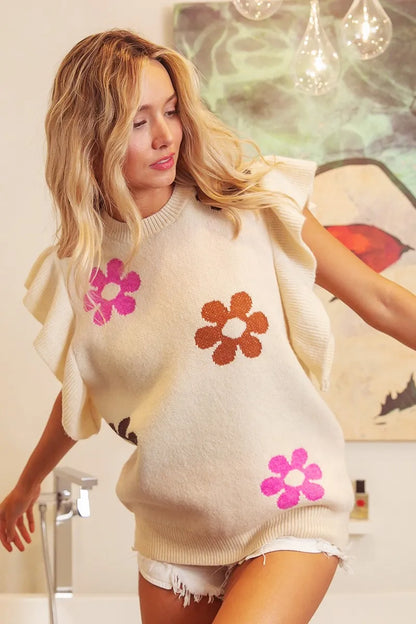 Oatmeal BiBi Flower Printed Ruffled Sleeves Top by Trendsi, featuring floral pattern and feminine ruffled sleeve design.