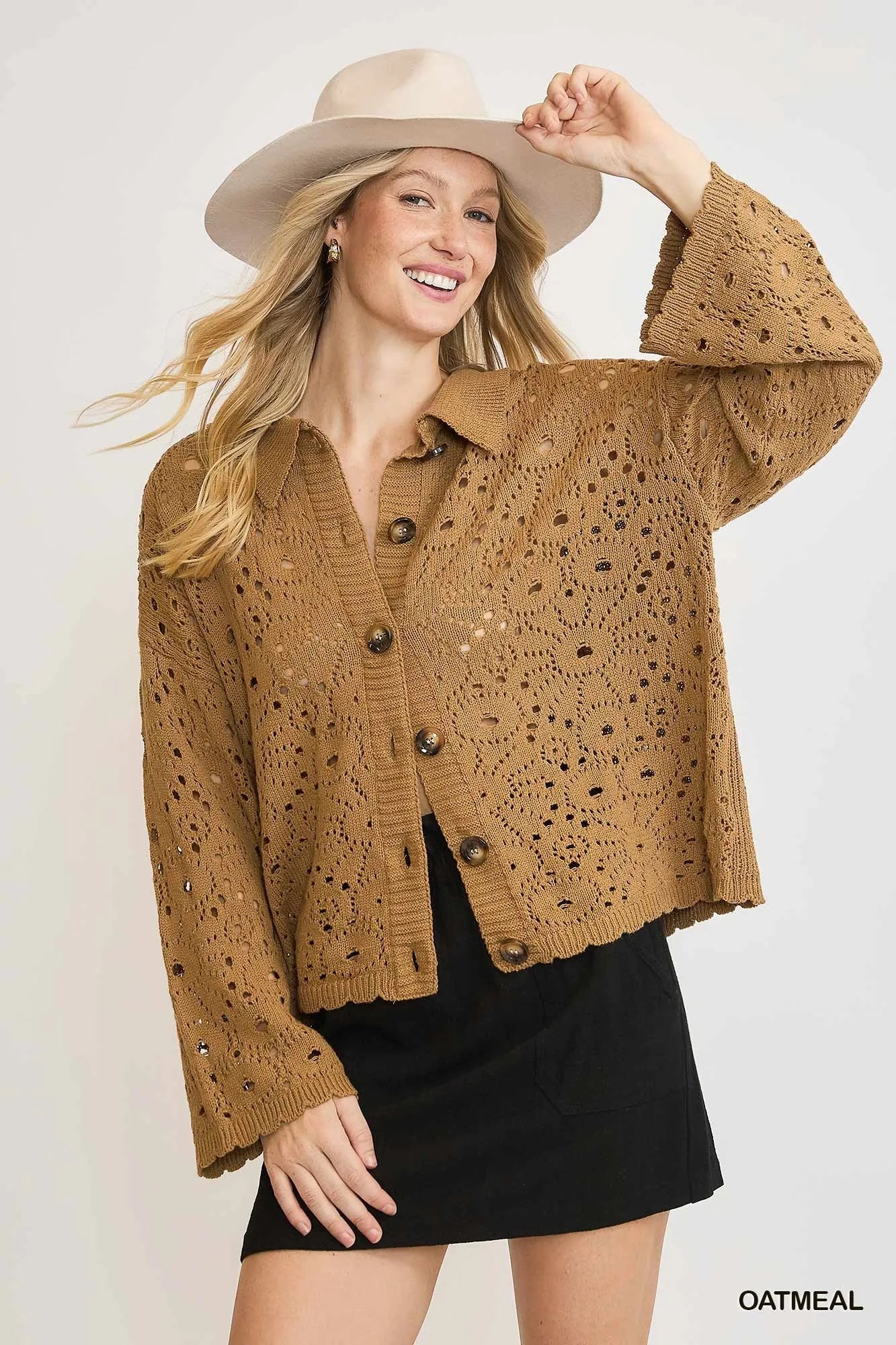 Oatmeal Umgee crochet button-down knit cardigan with long sleeves and textured pattern, styled casually.