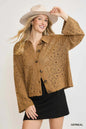 Oatmeal Umgee crochet button-down knit cardigan with long sleeves and textured pattern, styled casually.
