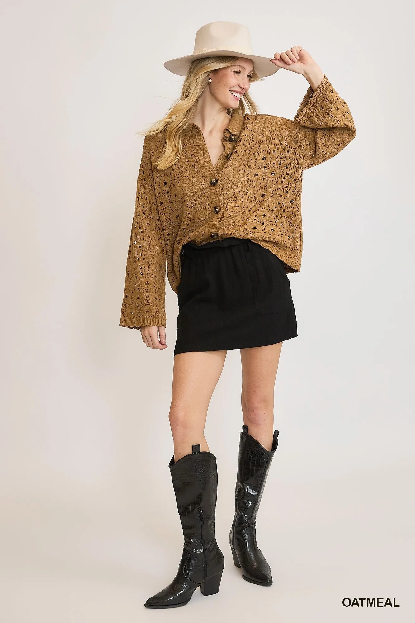 Oatmeal crochet button-down knit cardigan by Umgee featuring a relaxed fit, front buttons, and textured crochet details.