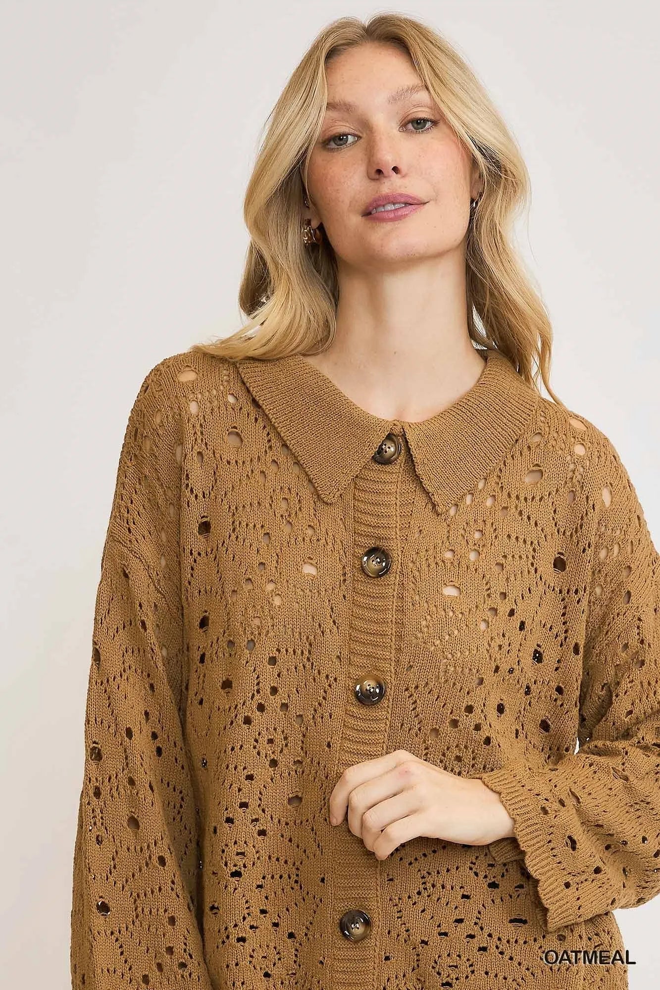Oatmeal Umgee crochet button-down knit cardigan featuring a relaxed fit and intricate crochet details, perfect for casual wear.