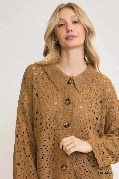 Oatmeal Umgee crochet button-down knit cardigan featuring a relaxed fit and intricate crochet details, perfect for casual wear.