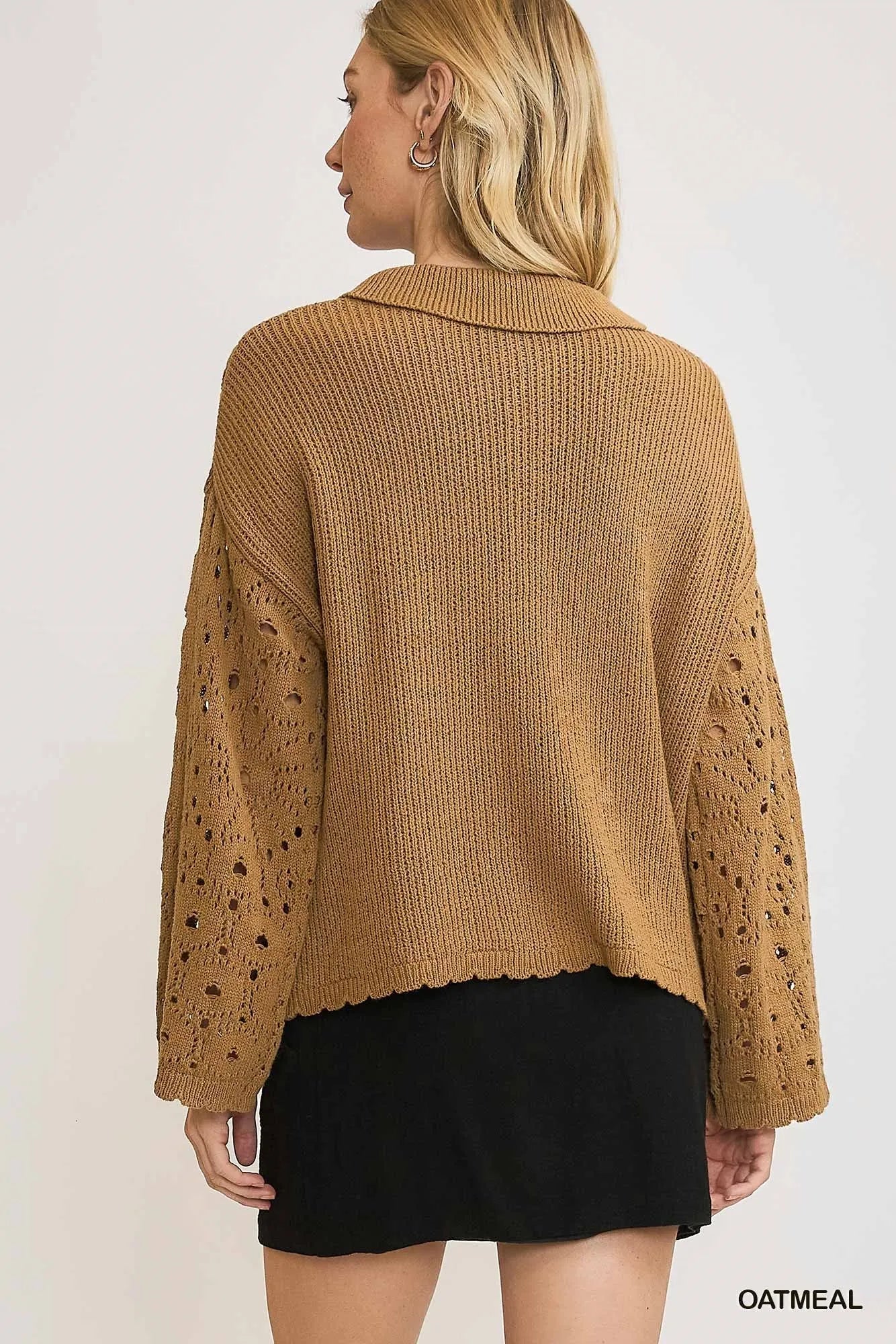 Oatmeal Umgee crochet button-down knit cardigan with front pockets and long sleeves, styled casually.