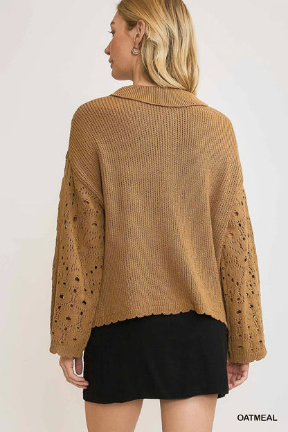 Oatmeal Umgee crochet button-down knit cardigan with front pockets and long sleeves, styled casually.