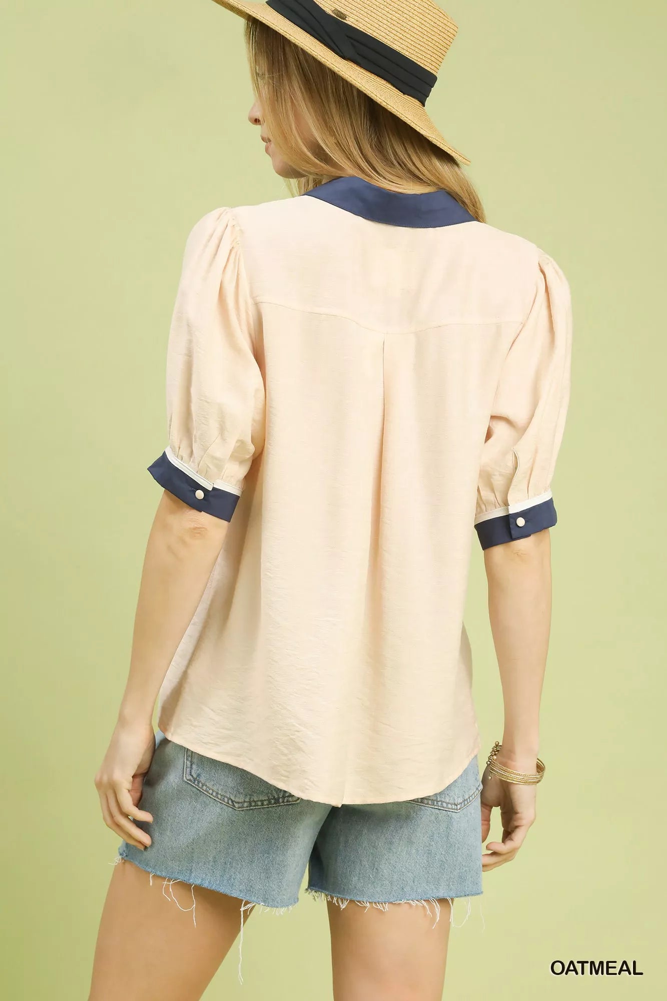 Oatmeal Umgee embroidered puff sleeve contrast trim top with floral embroidery and ruffled neckline, casual and stylish for women.