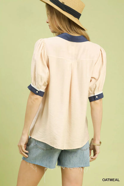 Oatmeal Umgee embroidered puff sleeve contrast trim top with floral embroidery and ruffled neckline, casual and stylish for women.