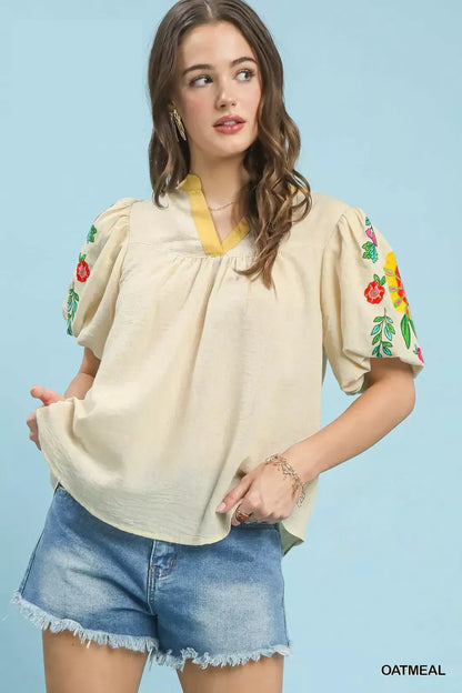 Oatmeal Umgee embroidered puff sleeve top with floral embroidery, round neckline, and lightweight fabric, stylish casual women's blouse