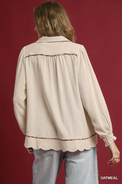 Plus size linen blouse by Umgee with scallop hem and contrast trim in oatmeal, featuring a relaxed fit and stylish design.