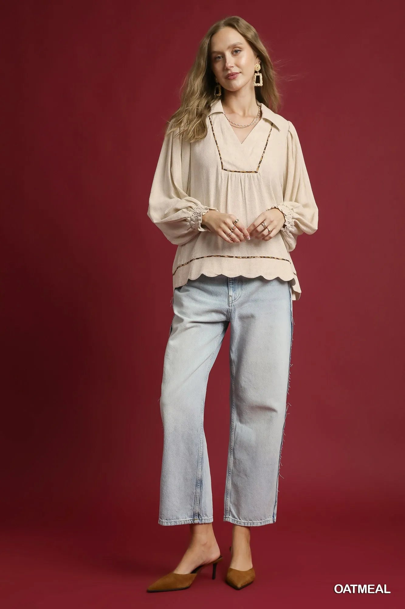 Plus size Umgee linen blouse with scallop hem and contrast trim, featuring oatmeal color and full size fit.