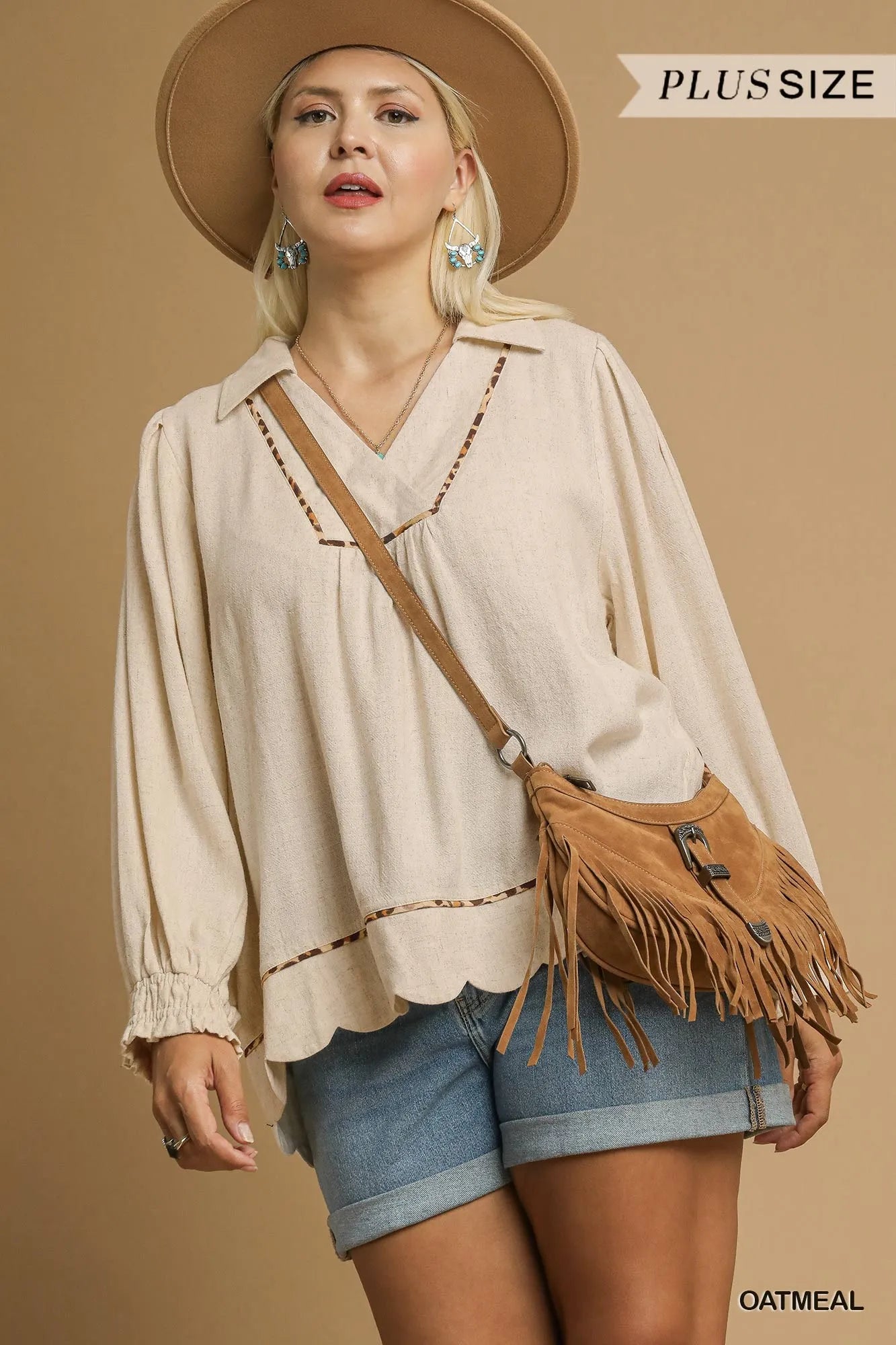 Oatmeal linen plus size blouse with scallop hem and contrast trim by Umgee, featuring a relaxed fit and feminine design.