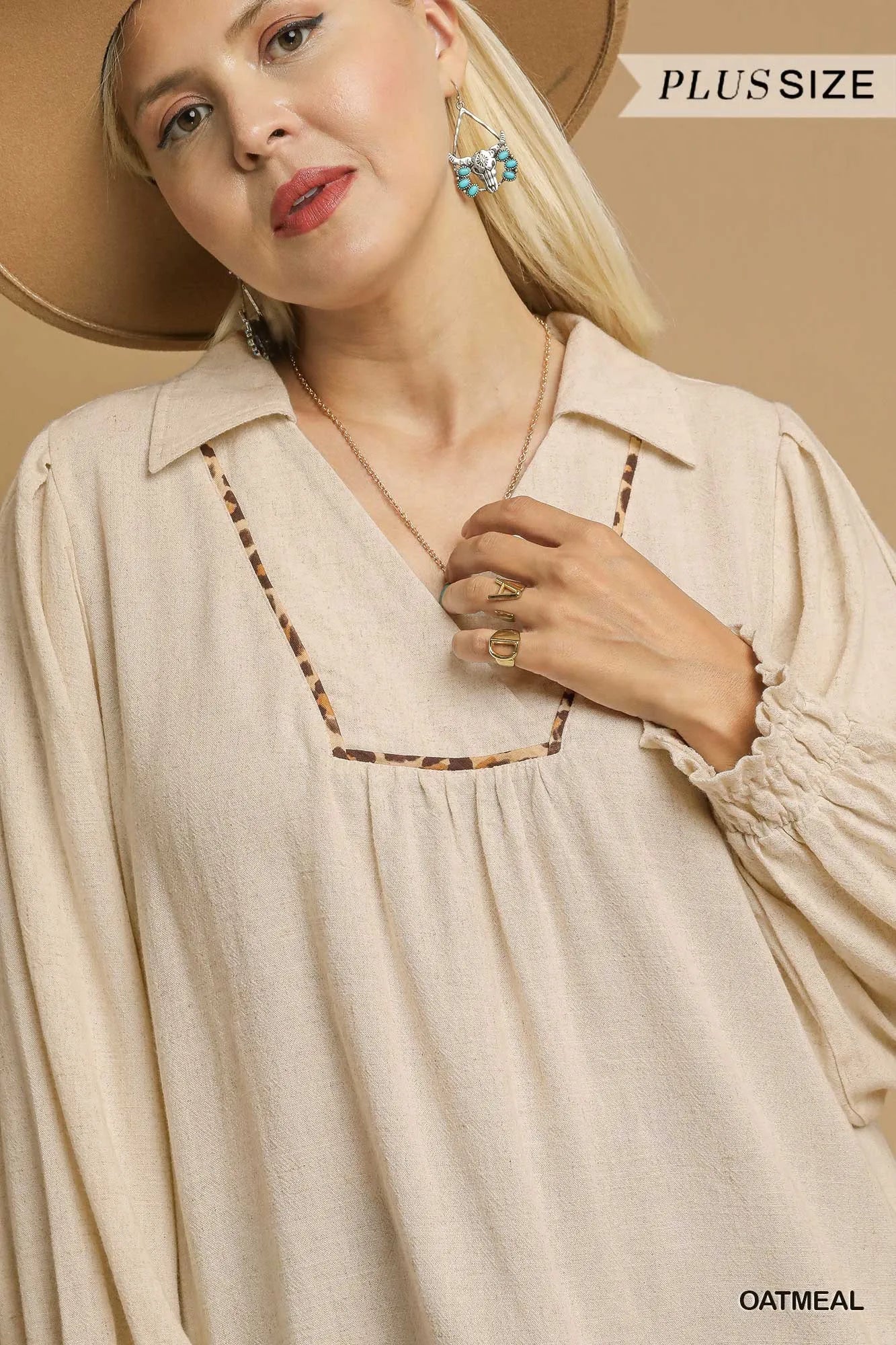 Plus size linen blouse by Umgee featuring scallop hem and contrast trim in oatmeal, casual and stylish for everyday wear.