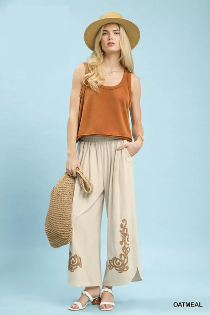 Oatmeal Umgee linen embroidered wide-leg boho pants with relaxed fit and intricate embroidery, perfect for casual bohemian style.