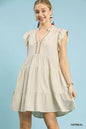Oatmeal Umgee linen tiered baby doll dress with a relaxed fit, featuring ruffled tiers and sleeveless design.